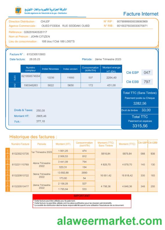 Algeria Societe Algerien Distribution internet utility bill Word and PDF template